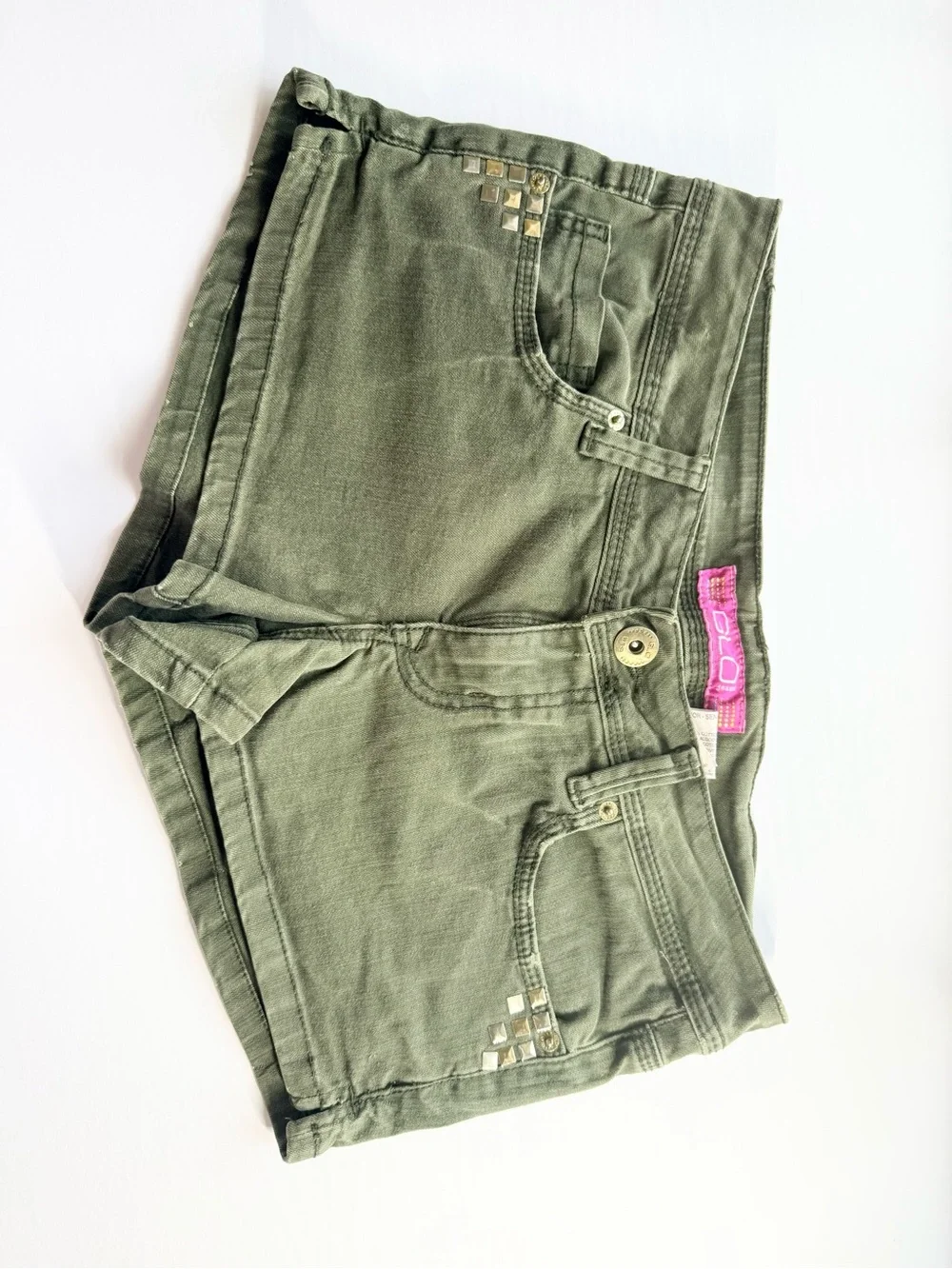 Olive Green Studded Denim Shorts